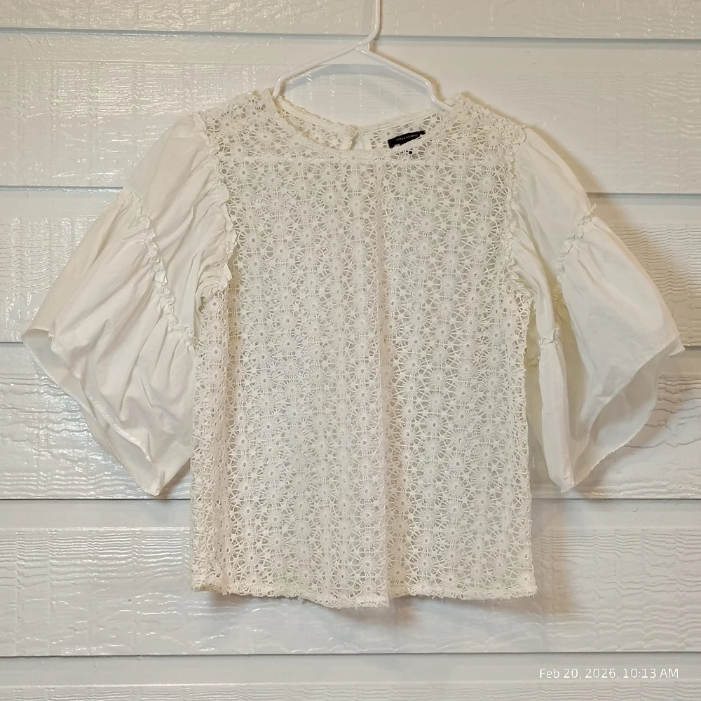 CROCHET LACE GERTIE TOP Perforated Bell Ruffle Sleeve White LG BOHO COTTAGE CORE - Picture 1 of 6
